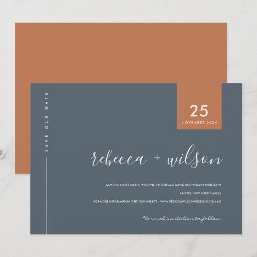 MINIMAAL SCANDI MODERN BLAUWE DRUKSTTYPOGRAFIE SAVE THE DATE (Voorkant / Achterkant)