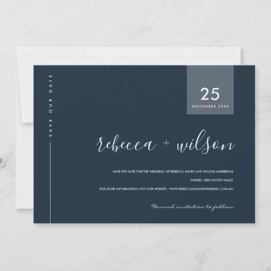 MINIMAAL SCANDI MODERN NAVY BLUE GRAY TYPOGRAPHY SAVE THE DATE (Voorkant)
