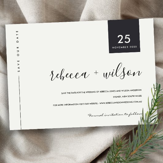 MINIMAAL SCANDI MODREN ZWARTE EN WITTE TYPOGRAFIE SAVE THE DATE