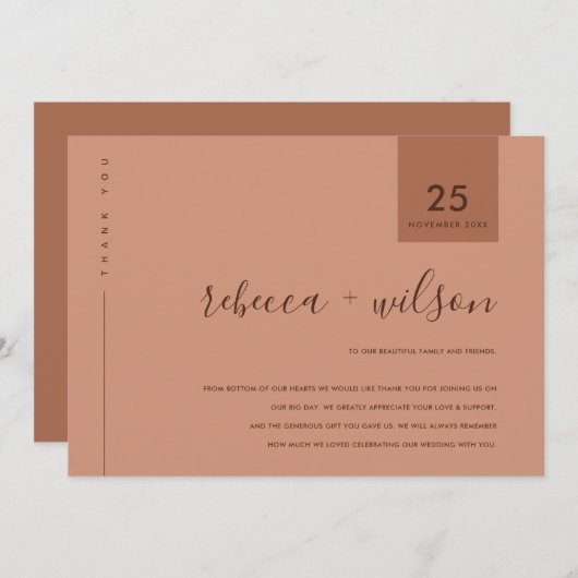 MINIMAAL SCANDI RUST TERRACOTTA TYPOGRAPHY WEDING BEDANKKAART (Voorkant / Achterkant)