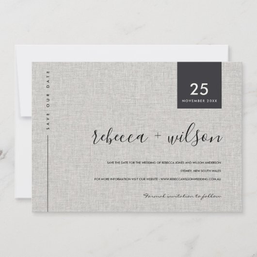 MINIMAAL SCANDI RUSTIC GRAY LINEN KRAFT TYPOGRAPHY SAVE THE DATE (Voorkant)