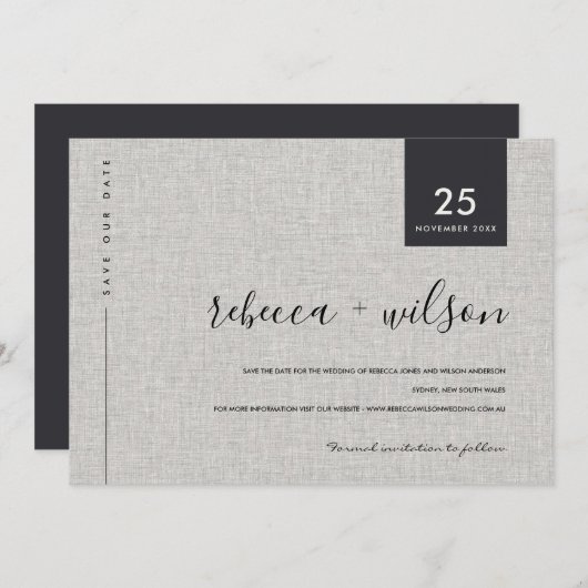 MINIMAAL SCANDI RUSTIC GRAY LINEN KRAFT TYPOGRAPHY SAVE THE DATE (Voorkant / Achterkant)