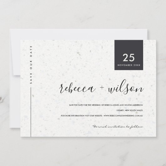 MINIMAAL SCANDI RUSTIC TERRAZZO TEXTURE TYPOGRAFIE SAVE THE DATE (Voorkant)