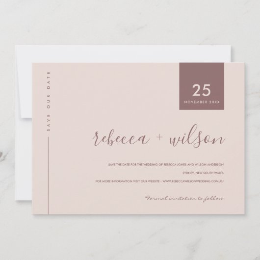MINIMAAL SCANDI SOFT BLUSH PEACH PINK TYPOGRAPHY SAVE THE DATE (Voorkant)