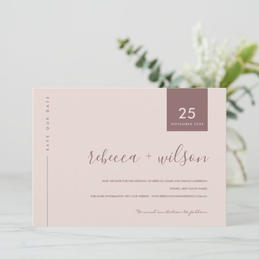MINIMAAL SCANDI SOFT BLUSH PEACH PINK TYPOGRAPHY SAVE THE DATE (Staand voorkant)