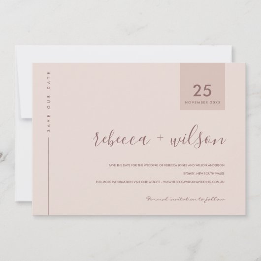 MINIMAAL SCANDI SOFT BLUSH PEACH PINK TYPOGRAPHY SAVE THE DATE (Voorkant)