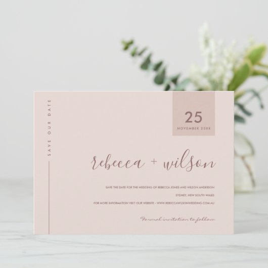 MINIMAAL SCANDI SOFT BLUSH PEACH PINK TYPOGRAPHY SAVE THE DATE (Staand voorkant)