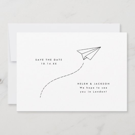 Minimaal schetspapier vliegtuig save the date (Voorkant)