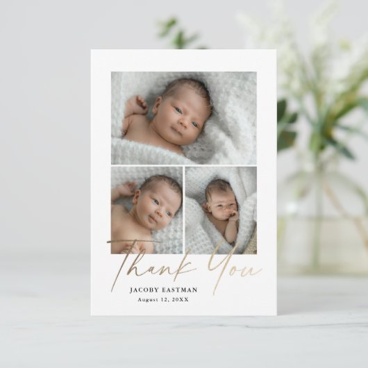 Minimaal script 3 Foto Baby Bedankkaart (Staand voorkant)