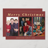 Minimaal Script 3 Foto Vrolijk Kerstrood Folie Feestdagenkaart (Voorkant / Achterkant)