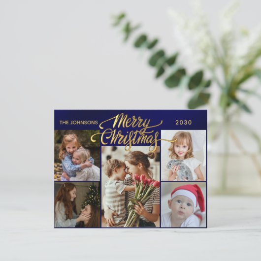 Minimaal Script 6 Foto gouden Vrolijk Kerstfeest Feestdagenkaart (Staand voorkant)