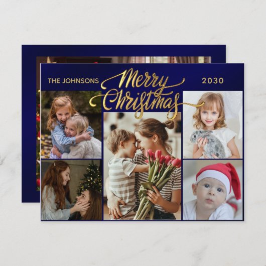 Minimaal Script 6 Foto gouden Vrolijk Kerstfeest Feestdagenkaart (Voorkant / Achterkant)