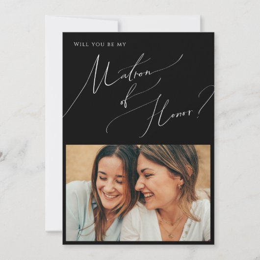 Minimaal script | Black Photo Matron of Honor Kaar Kaart (Voorkant)