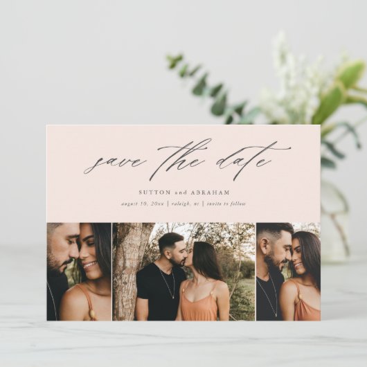 Minimaal Script Bruiloft 3 Foto Save The Date (Staand voorkant)