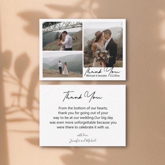 minimaal script dank u 3 foto's collage bruiloft notitiekaartje