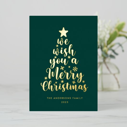 Minimaal script Deep Green Merry Christmas Folie Feestdagenkaart (Staand Voorkant)