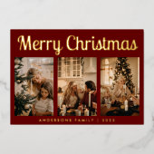 Minimaal script drie Foto Red Merry Kerstmis Folie Feestdagenkaart (Voorkant)