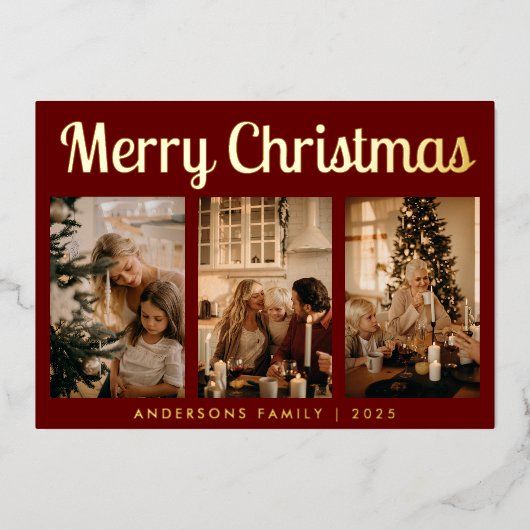 Minimaal script drie Foto Red Merry Kerstmis Folie Feestdagenkaart (Voorkant)