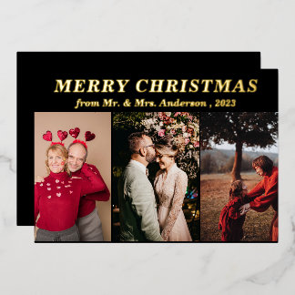 Minimaal script drie foto zwart Prettig kerstfeest Folie Uitnodiging