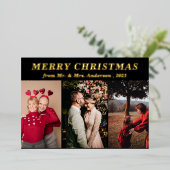 Minimaal script drie foto zwart Prettig kerstfeest Folie Uitnodiging (Staand Voorkant)