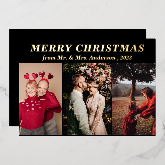 Minimaal script drie foto zwart Prettig kerstfeest Folie Uitnodiging (Voorkant / Achterkant)