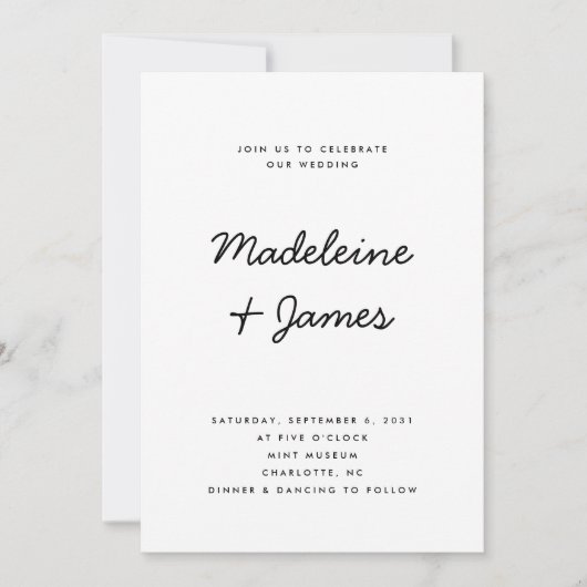 Minimaal Script Eenvoudig Modern Zwart Wit Bruilof Kaart (Voorkant)