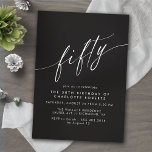Minimaal Script Elegant Modern Zwart 50ste verjaar Kaart<br><div class="desc">Formele uitnodigingen voor de 50ste verjaardag met "vijftig" tekst in een kalligrafieschrift. Wit lettertype op een contrasterende zwarte achtergrond.</div>