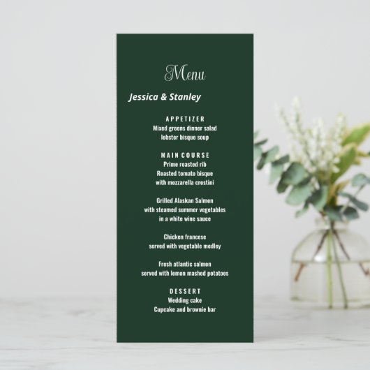 Minimaal script emerald green bruiloft receptie menu (Staand voorkant)