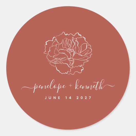 Minimaal script Floral Art Wedding | Terracotta Ronde Sticker (Voorkant)