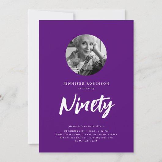 Minimaal Script Foto 90e Verjaardag Paarse Kaart (Voorkant)