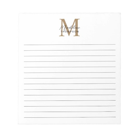 Minimaal script goud monogram wit gelinieerd notitieblok (Voorkant)
