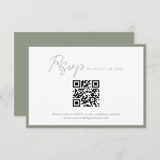 Minimaal Script Groene Rand QR Code Wedding RSVP Informatiekaartje (Voorkant / Achterkant)