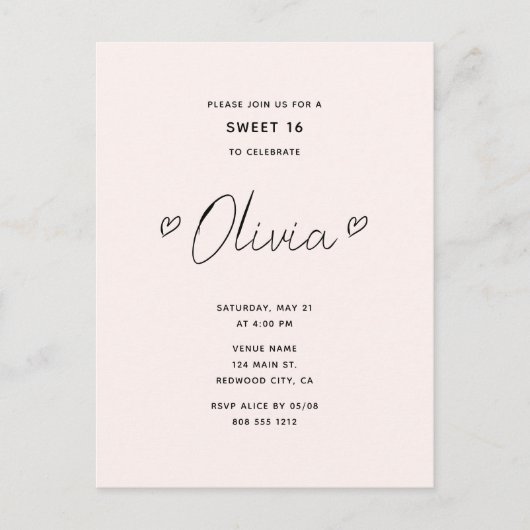 Minimaal Script Heart Pink Sweet 16 Briefkaart (Voorkant)