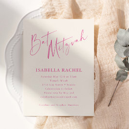 Minimaal Script Hot Roze Crème Moderne Bat Mitzvah Kaart