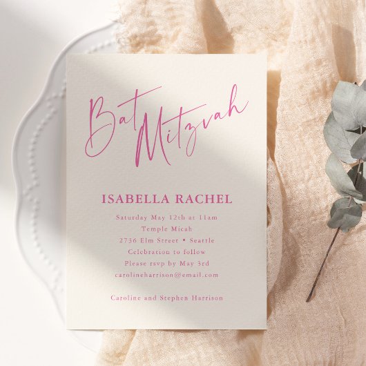 Minimaal Script Hot Roze Crème Moderne Bat Mitzvah Kaart