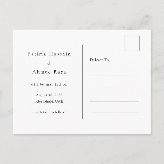 Minimaal script Islamitische Moslim Save The Date Aankondigingskaart (Achterkant)