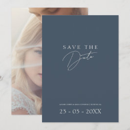 Minimaal script leisteenblauw foto-huwelijk save the date