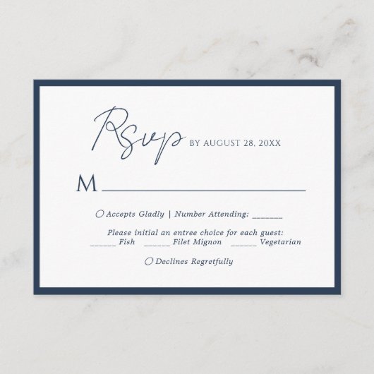 Minimaal script menu keuze Navy Blue Trouw RSVP (Voorkant)
