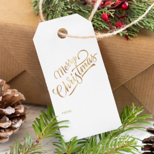 Minimaal Script Merry Christmas Gold Foil Cadeaulabel