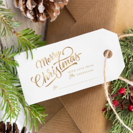 Minimaal Script Merry Christmas Gold Foil Cadeaulabel