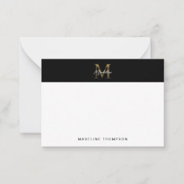 Minimaal Script Metallic Black Gold Monogram Notitiekaartje