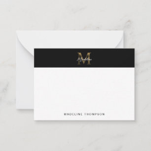 Minimaal Script Metallic Black Gold Monogram Notitiekaartje