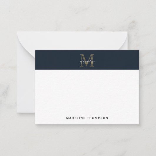 Minimaal script Metallic Navyblauw Goud Monogram Notitiekaartje (Voorkant)