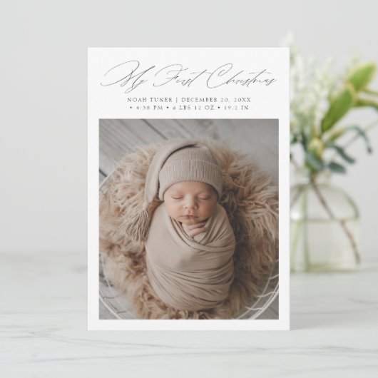 Minimaal script Mijn eerste kerst Baby fotokaart Feestdagenkaart (Staand voorkant)