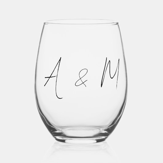 Minimaal script Monogram Boho Wedding Black White Wijnglas Zonder Voet (Voorkant)
