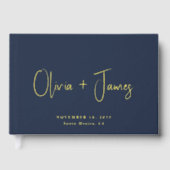 Minimaal Script Navy Blue Wedding Gastenboek (Voorkant)