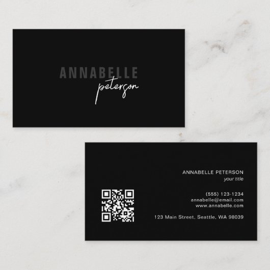 Minimaal script professioneel chic zwart QR-code Visitekaartje (Voorkant / Achterkant)
