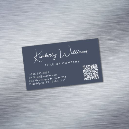 Minimaal Script QR Code Professional Blauw Magnetisch Visitekaartje (Voorbeeld)
