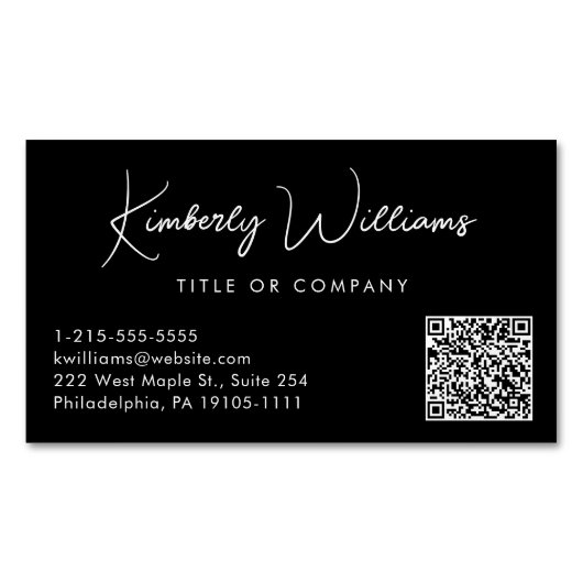 Minimaal Script QR Code Professional Zwart Magnetisch Visitekaartje (Voorkant)