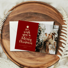 Minimaal script rood goud echt folie vrolijk kerst feestdagenkaart